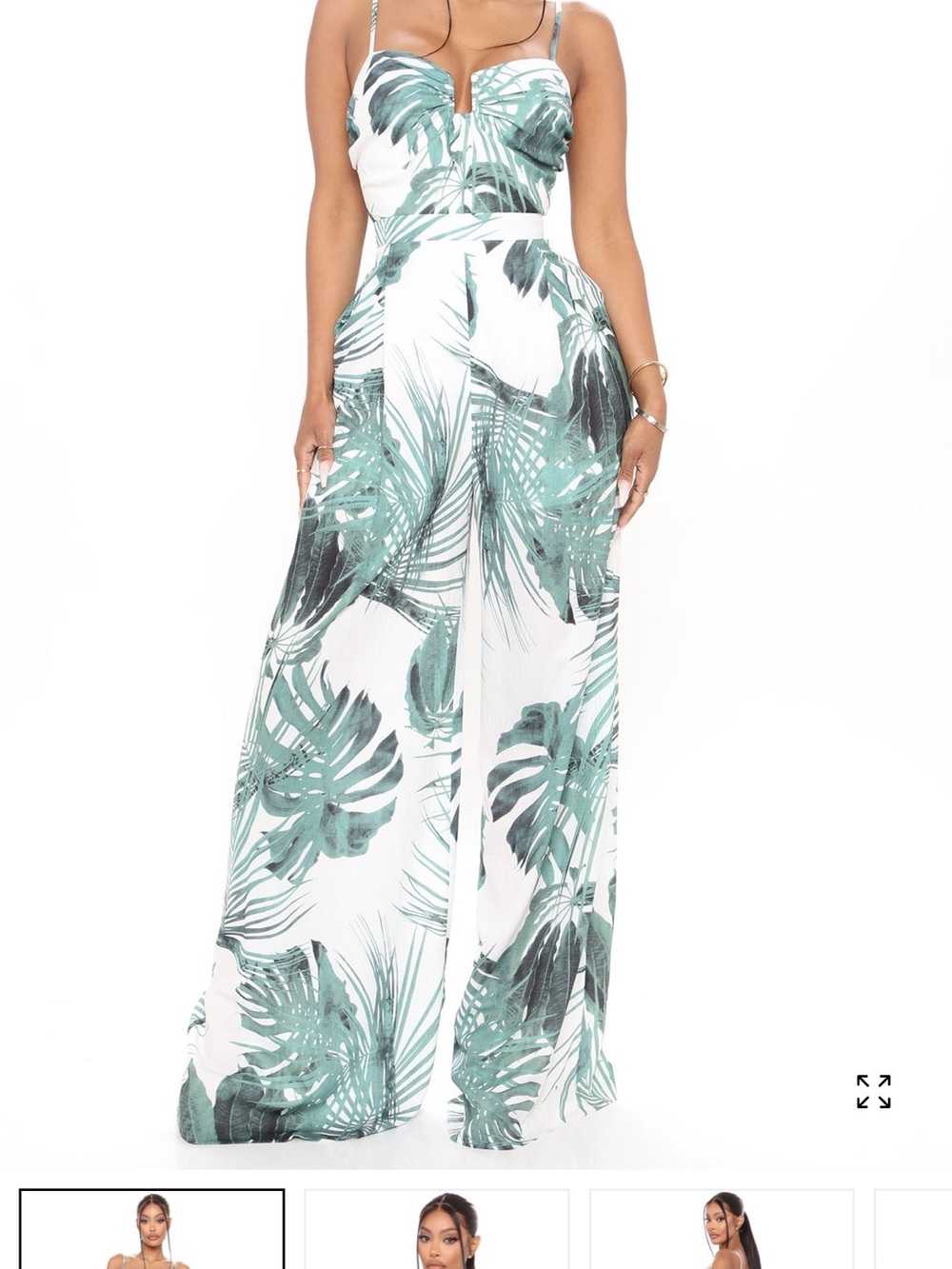Fashion Nova Green & White Tropical Leaf Wide-Leg Jumpsuit
